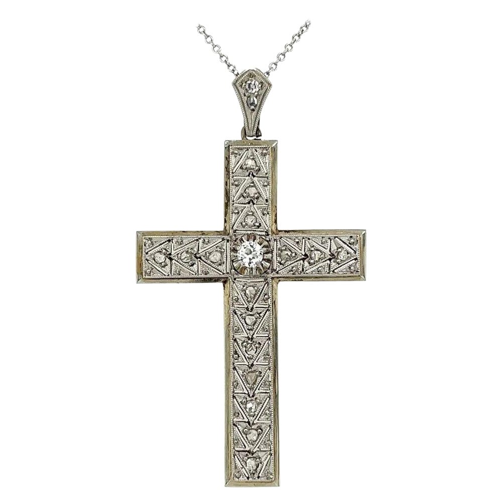 Vintage Art Deco Diamond Platinum Cross Pendant Necklace Estate Jewelry