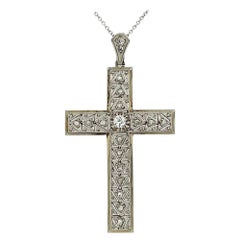 Vintage Art Deco Diamond Platinum Cross Pendant Necklace Estate Jewelry