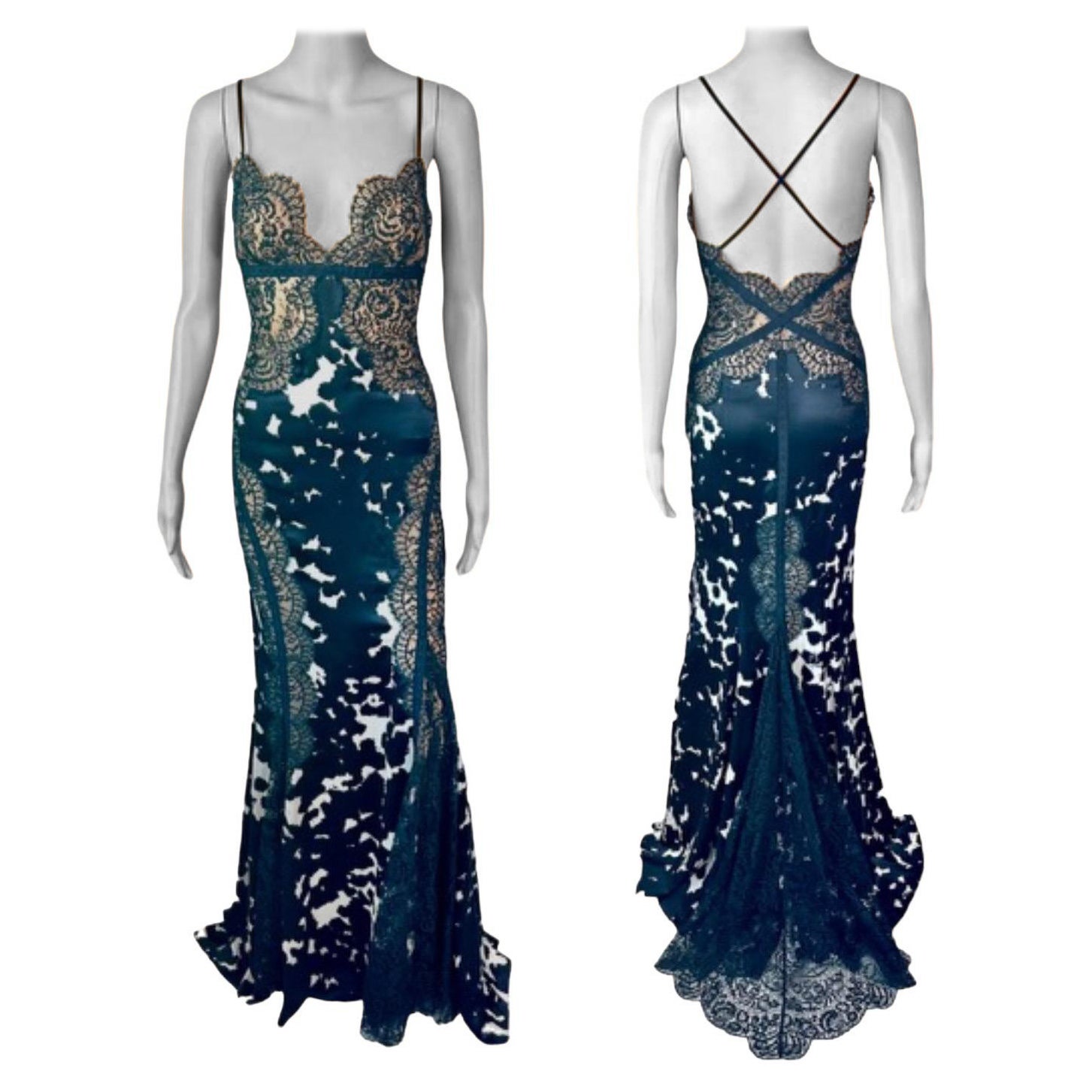 Versace Plunged Sheer Lace Panels Backless Train Evening Dress Gown 
