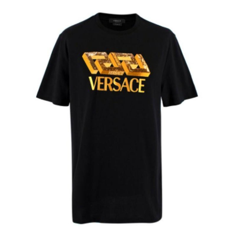Versace Black & Gold Sequin Embroidered T-shirt For Sale