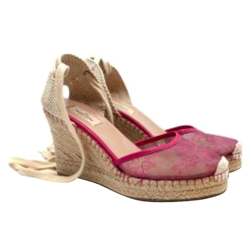 Valentino Pink Lace Espadrille Wedge Sandals For Sale