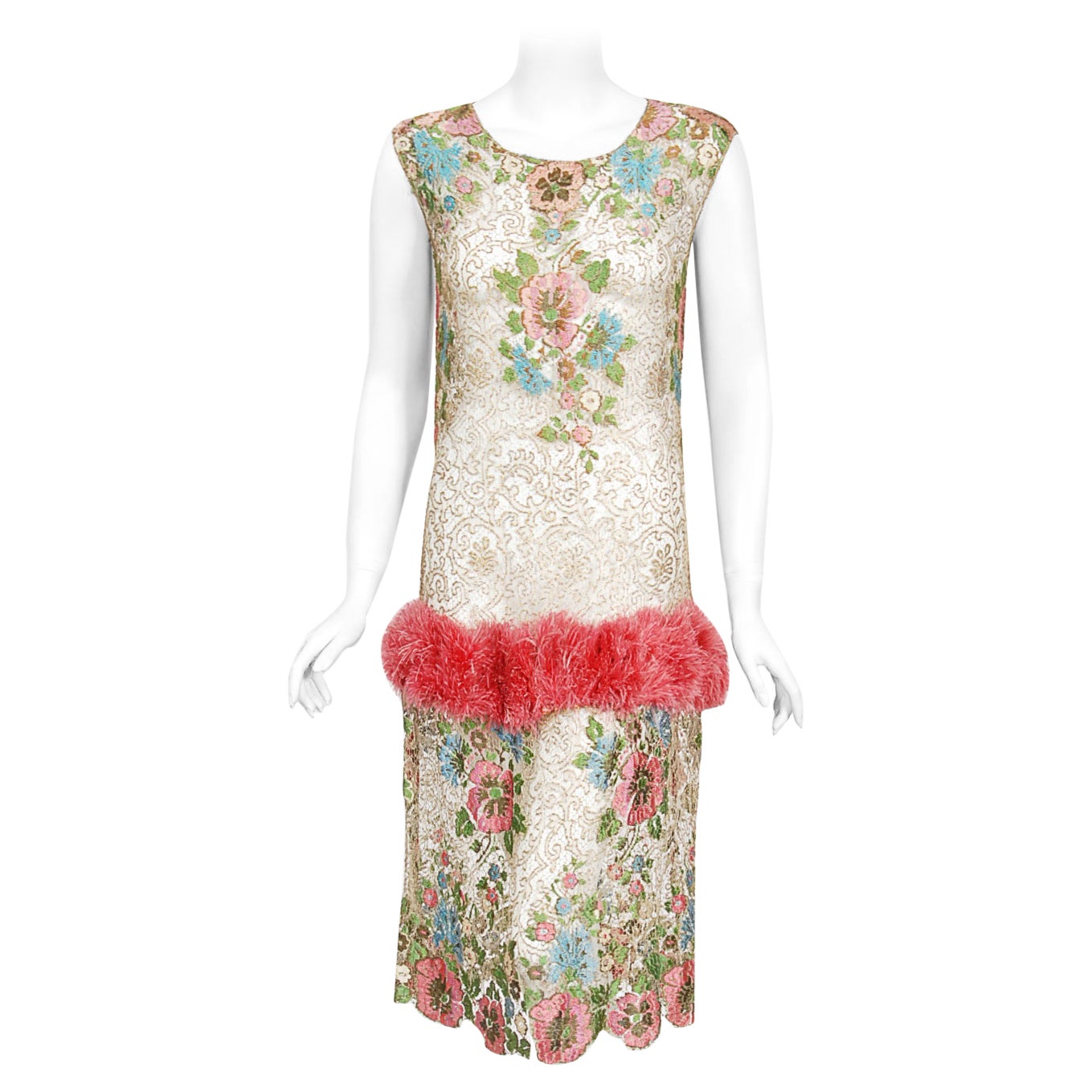 Vintage 1920's Metallic Floral Sheer Lamé Lace Feather Drop-Waist Couture Dress