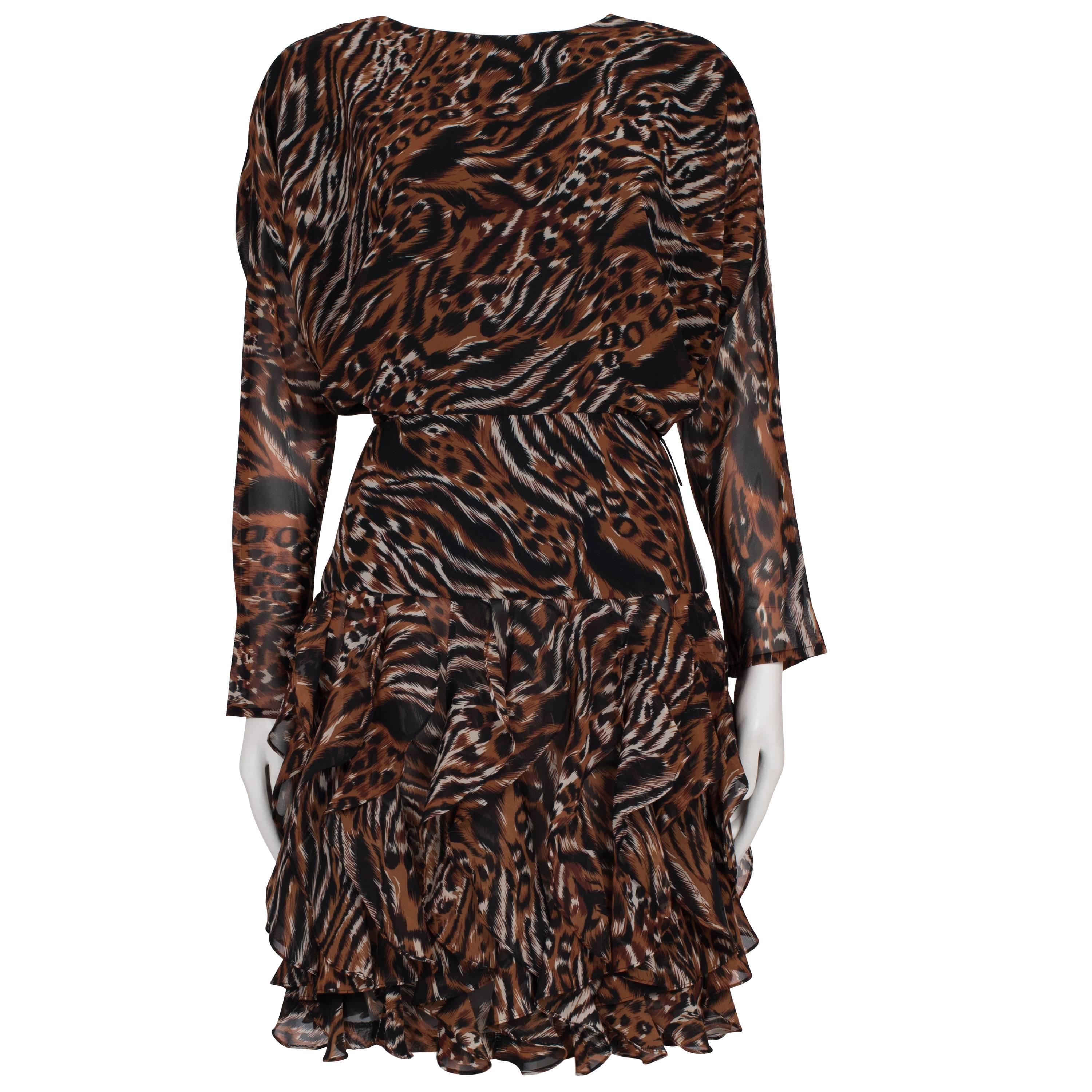 1980's J. Harris Animal Print Ruffled Skirt Backless Dress For Sale