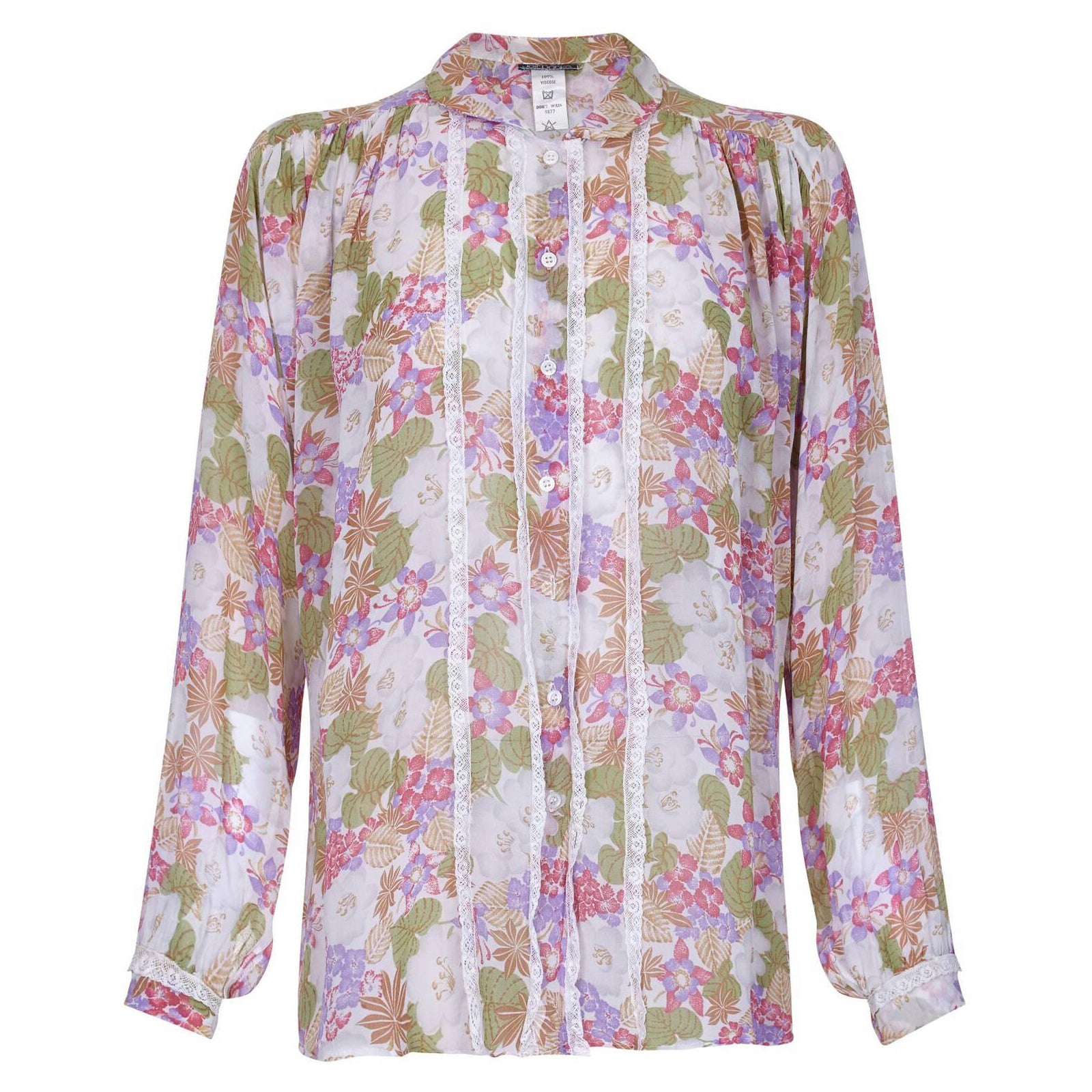 1970s Jeff Banks Floral Chiffon and Lace Blouse  For Sale