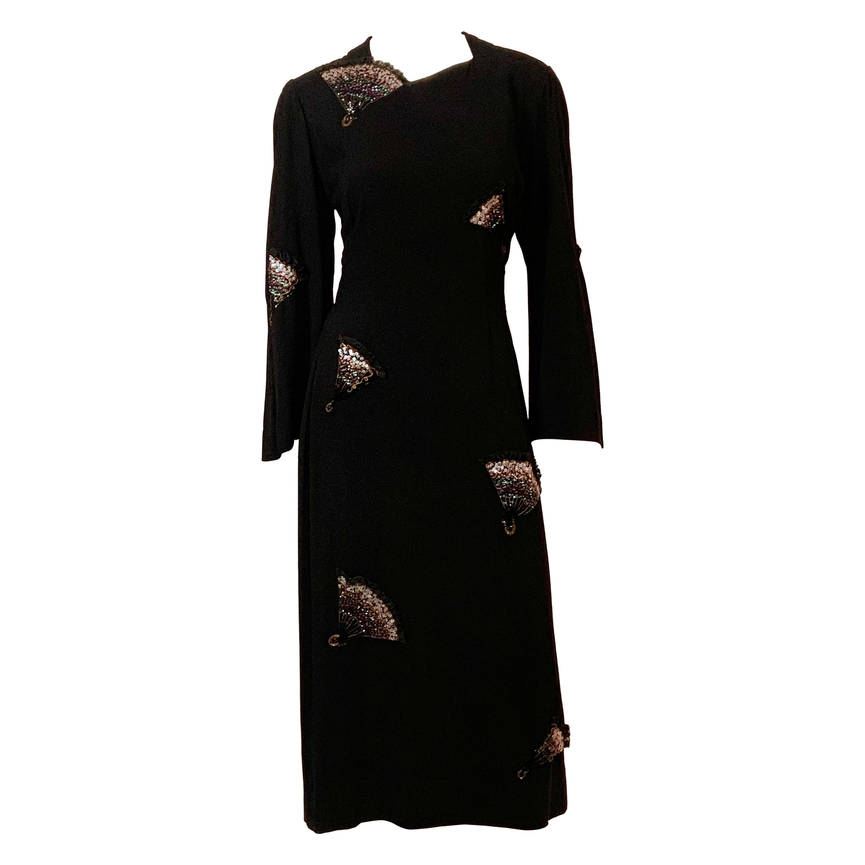 1940's Black Crepe Dress with Embroidered Beaded and Lace Trimmed Fans For Sale