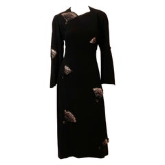 1940's Black Crepe Dress with Embroidered Beaded and Lace Trimmed Fans