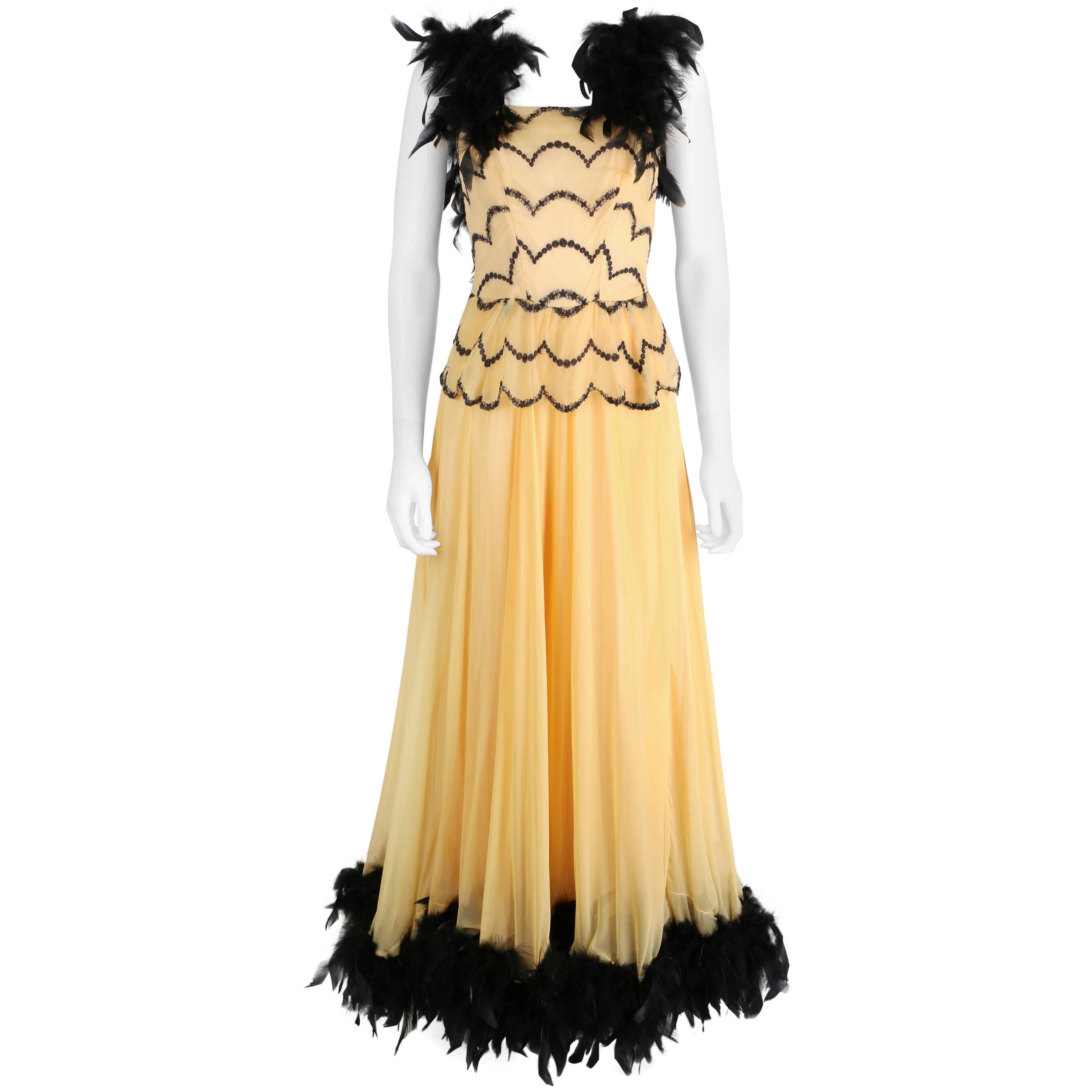 OOAK Vtg 1930's - 1940's Black Feather Trim Evening Ballroom Dance Dress Gown XS