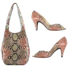 Retro 1970's HALSTON Multi-Color Pastel Python Snakeskin Handbag Shoes Pumps 6 1/2 Set