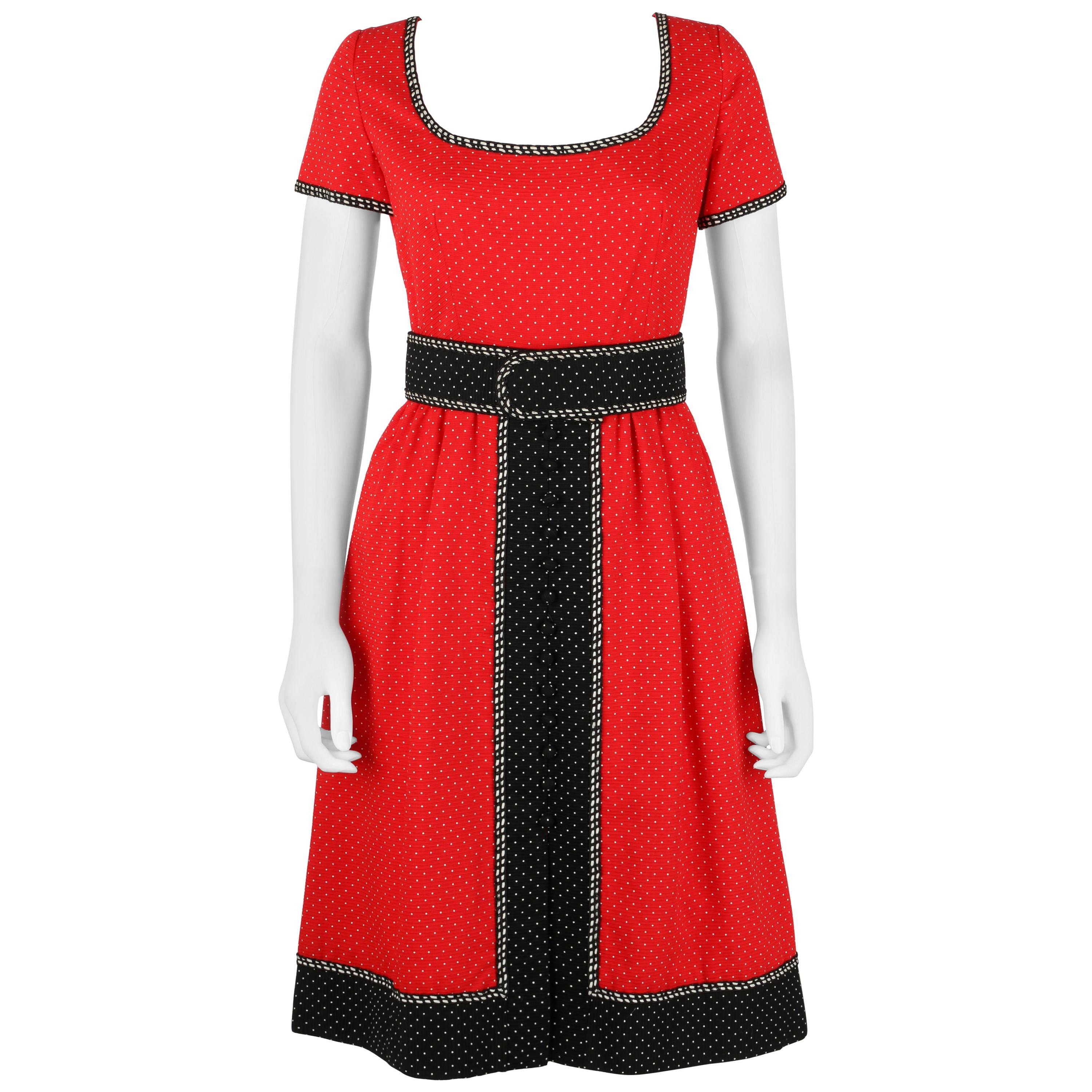 1960's Early OSCAR de la RENTA Boutique Red Polka Dot Short Sleeve Dress + Belt For Sale