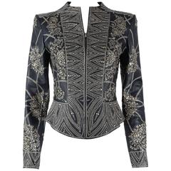 OSCAR de la RENTA A/W 2006 Navy Leather Royal Embellished Jacket Blazer Size 4 12
