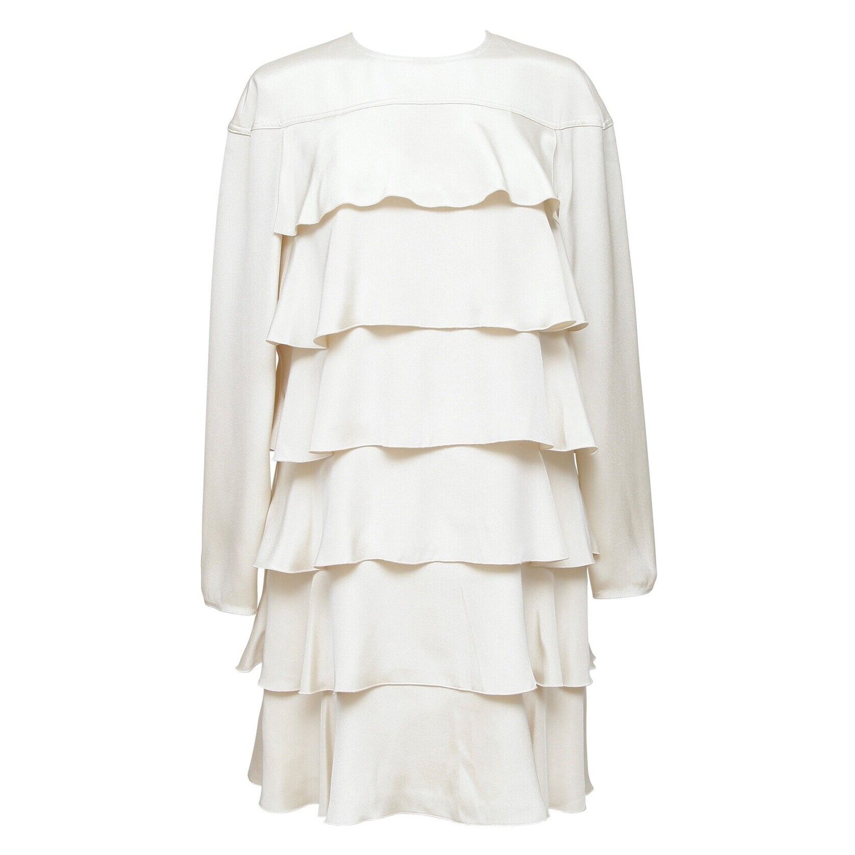 VALENTINO Ivory Dress Long Sleeve Knee Length Silk Tiered Crew Neck Sz 6 For Sale