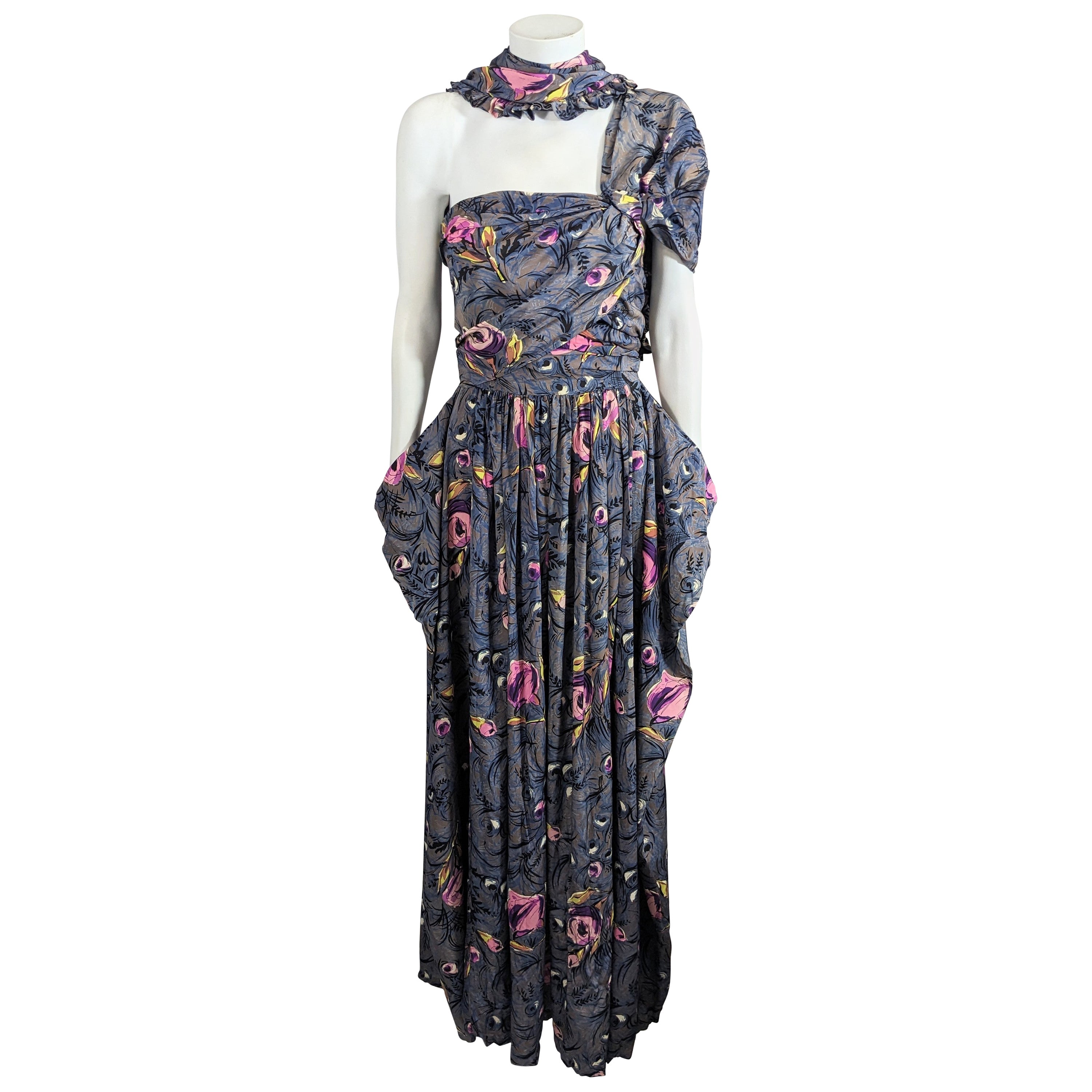 1940's Printed Draped Silk One Shoulder Gown For Sale