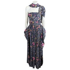 1940's Printed Draped Silk One Shoulder Gown