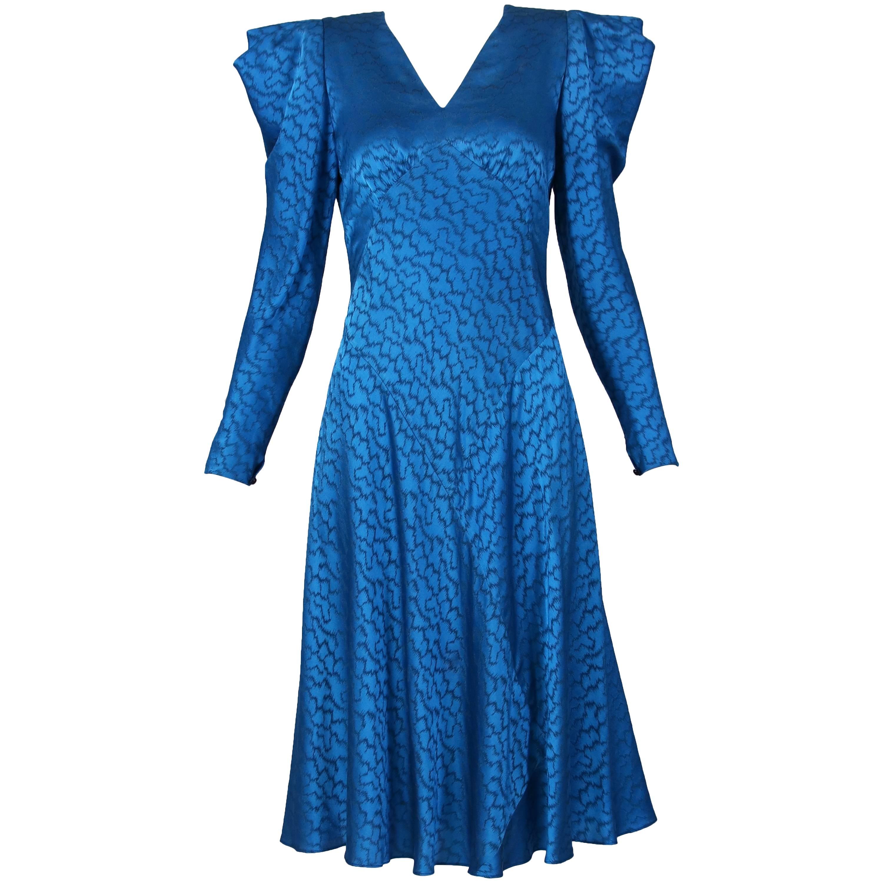 Vintage Carolina Herrera Teal Silk Printed Dress w/Angled Shoulder Detail