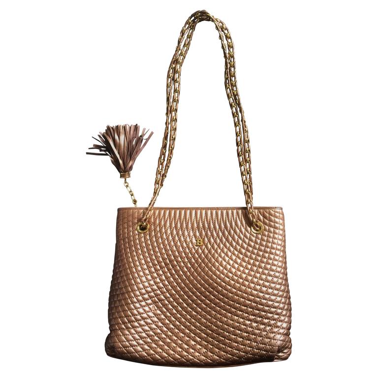 Vintage Bally bronze brown quilted leather shoulder tote bag with chain