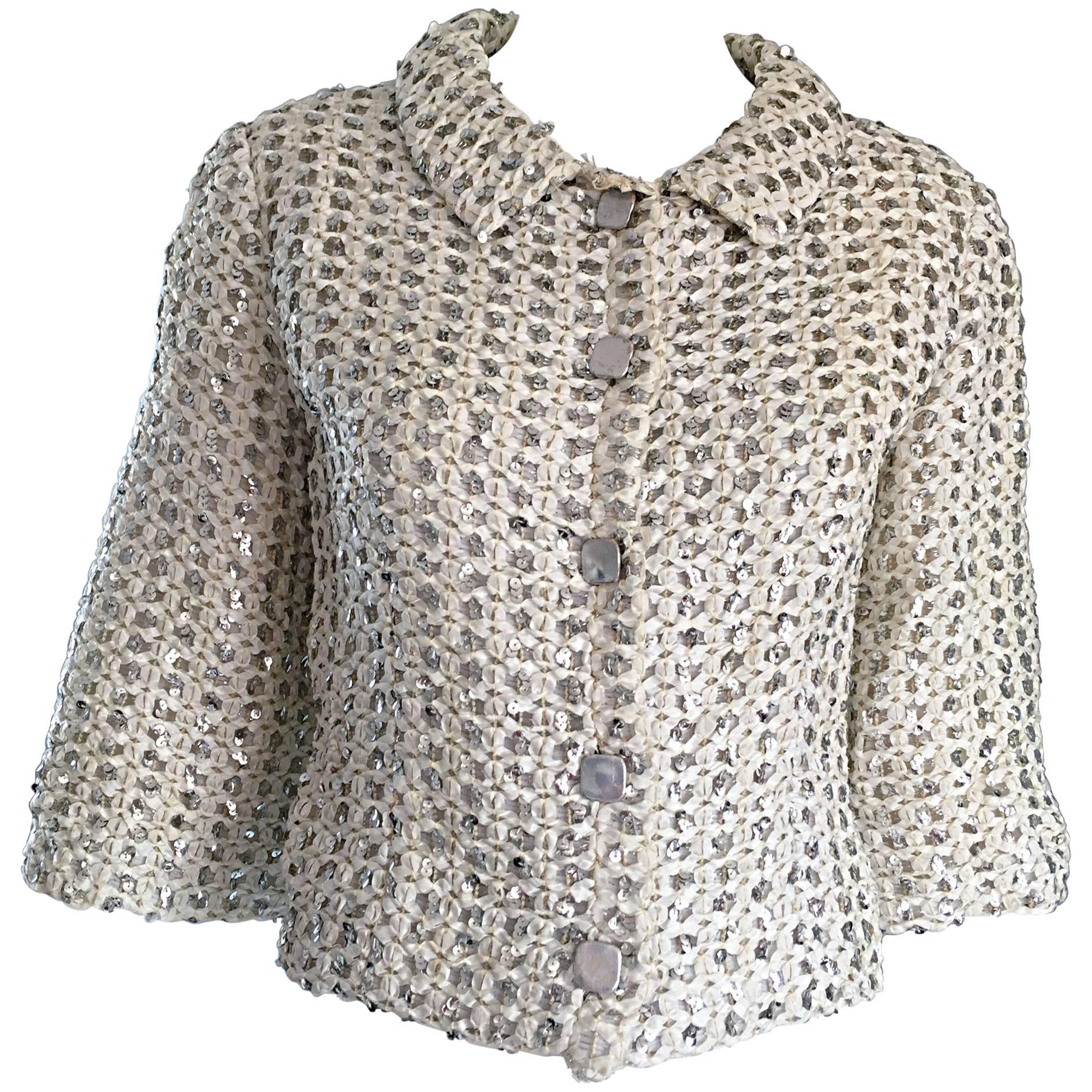 Geoffrey Beene For Teal Traina 1960s Silk Ivory + Silver Sequin Cropped Jacket For Sale