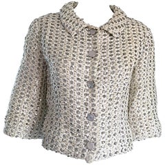 Vintage Geoffrey Beene For Teal Traina 1960s Silk Ivory + Silver Sequin Cropped Jacket