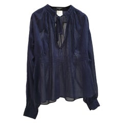 CHANEL Navy Blue Cotton Waist 2 Cc Logo Buttons Blouse Top