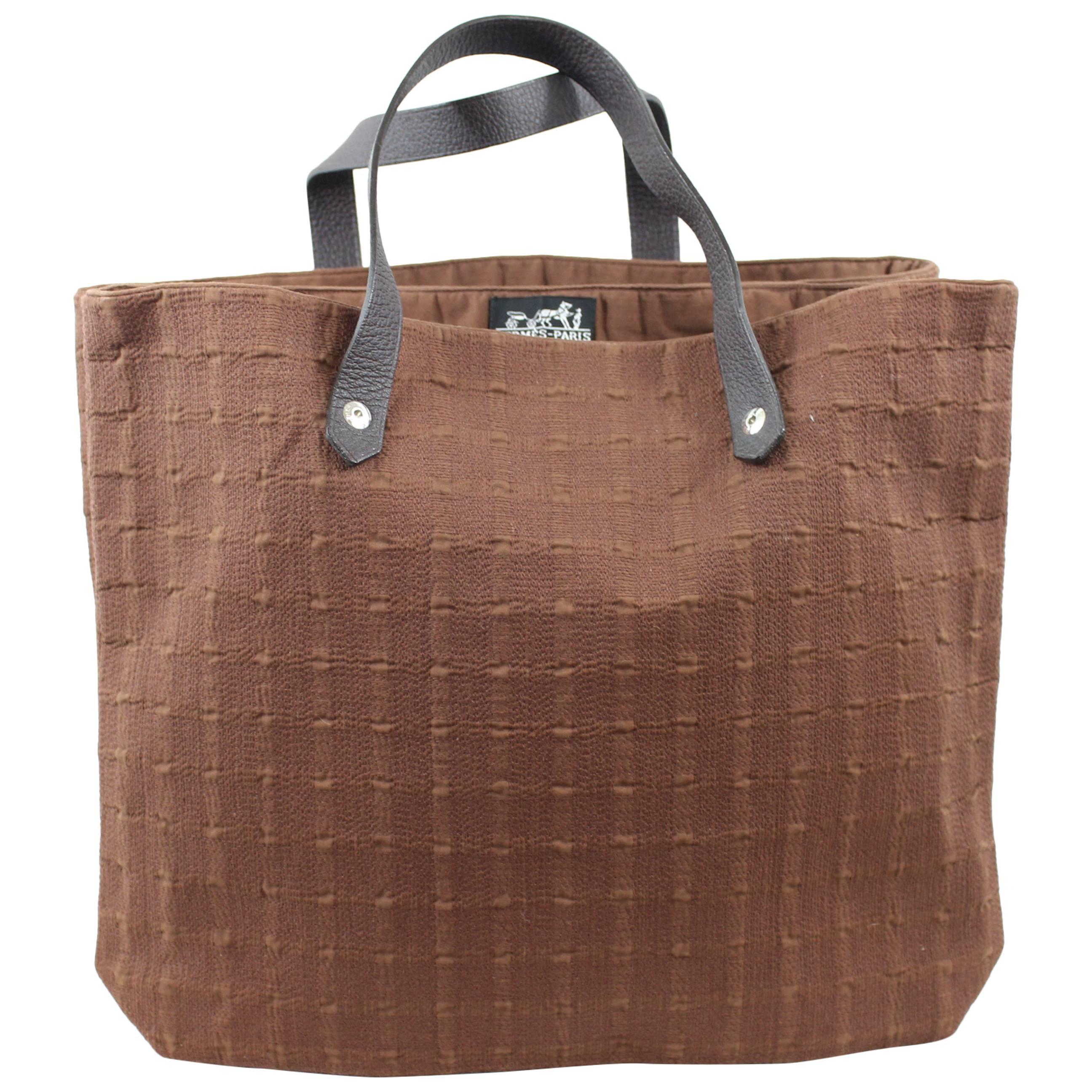 Hermes Double Brown Tote Bag in Leather and Cotton. 