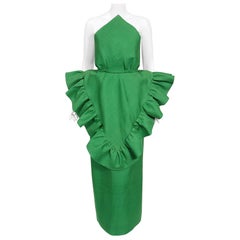 Vintage 1987 Pierre Cardin Haute Couture Green Silk-Linen Sculptural Ruffle Gown
