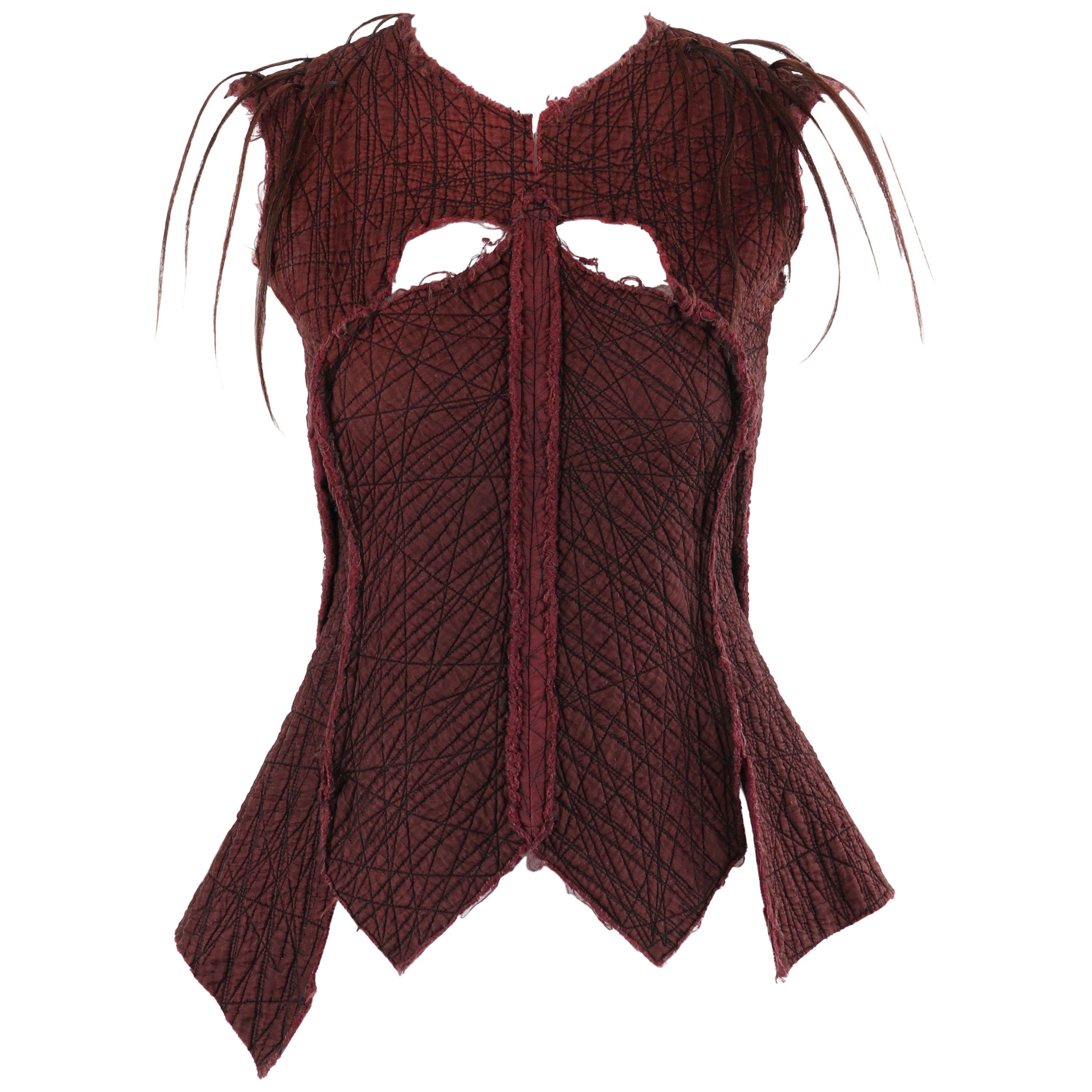 GARY GRAHAM c.2001 Maroon Silk Textured Cut Out Full Zip Up Hair Vest Blouse Top For Sale