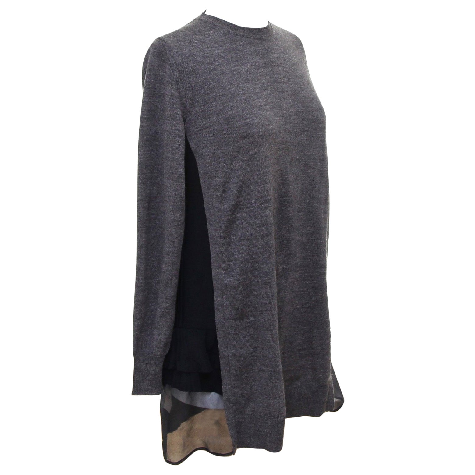 MIU MIU Top Sweater Knit Tunic Wool Grey Navy Silk Long Sleeve Sz 36