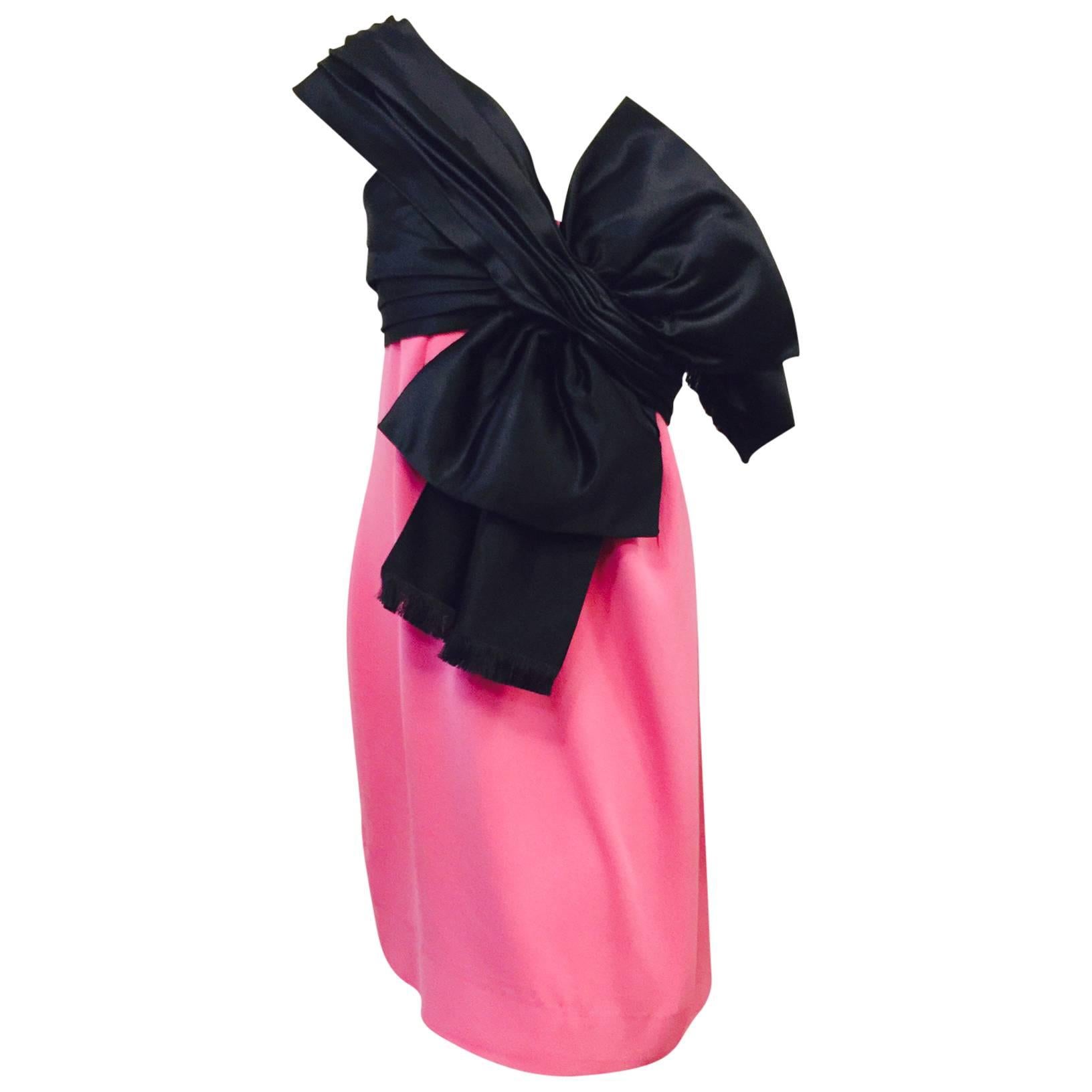 Christian Dior Boutique Black & Pink Silk One Shoulder Cocktail Dress With Bow For Sale