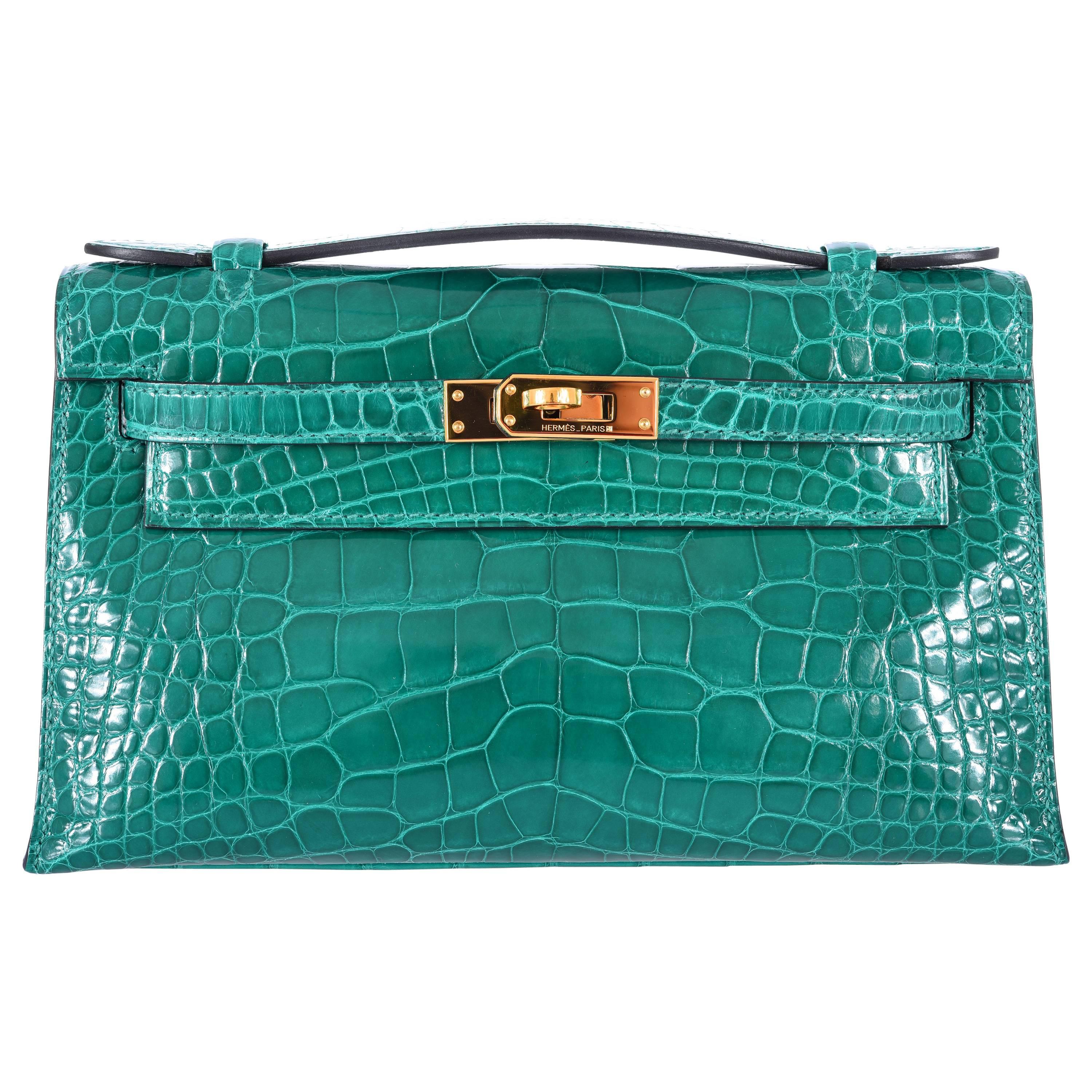 Hermes Kelly Pochette Clutch Vert Emerald Alligator Gold Hardware JaneFinds