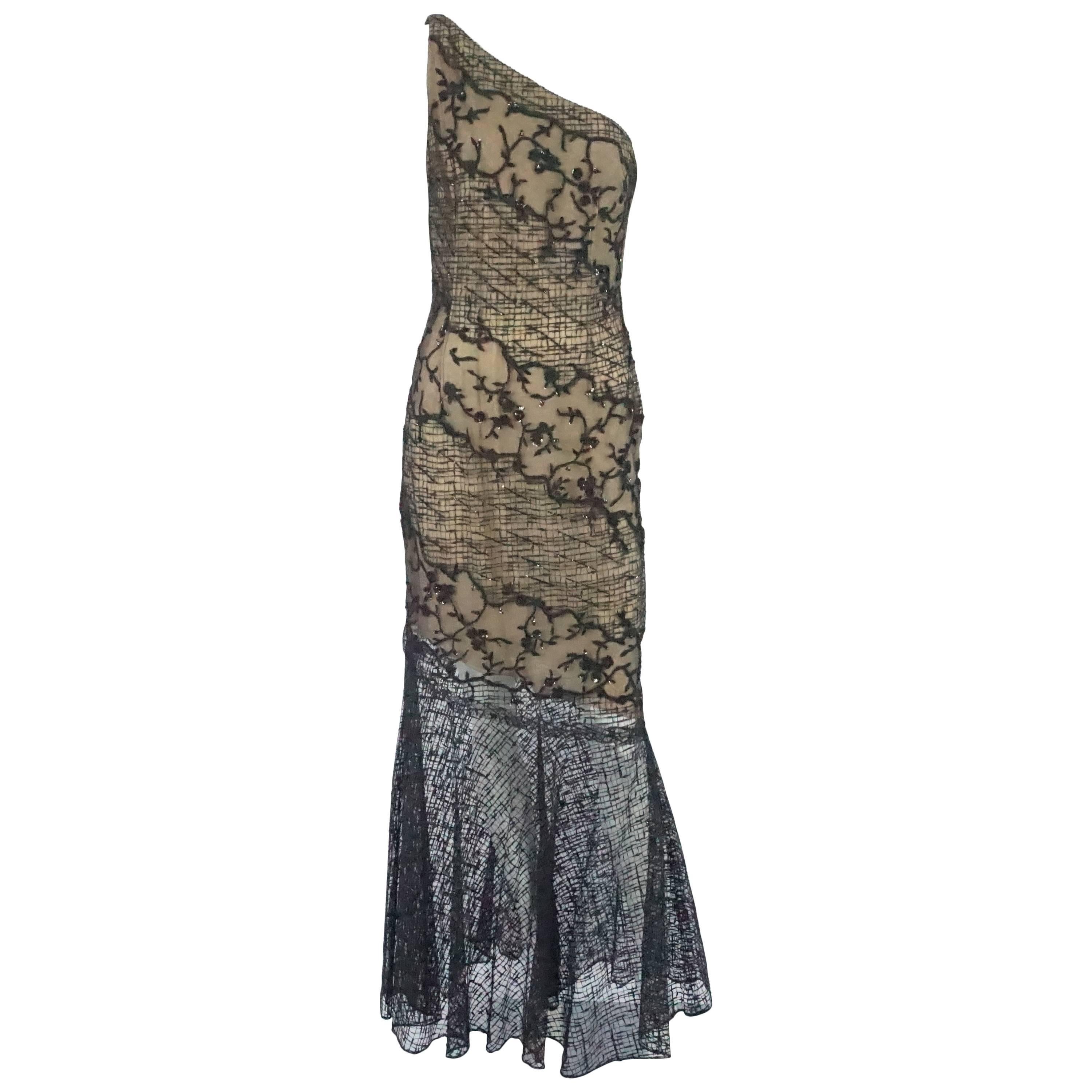 Oscar de la Renta Black Lace One Shoulder beaded Gown-10-Circa 90's