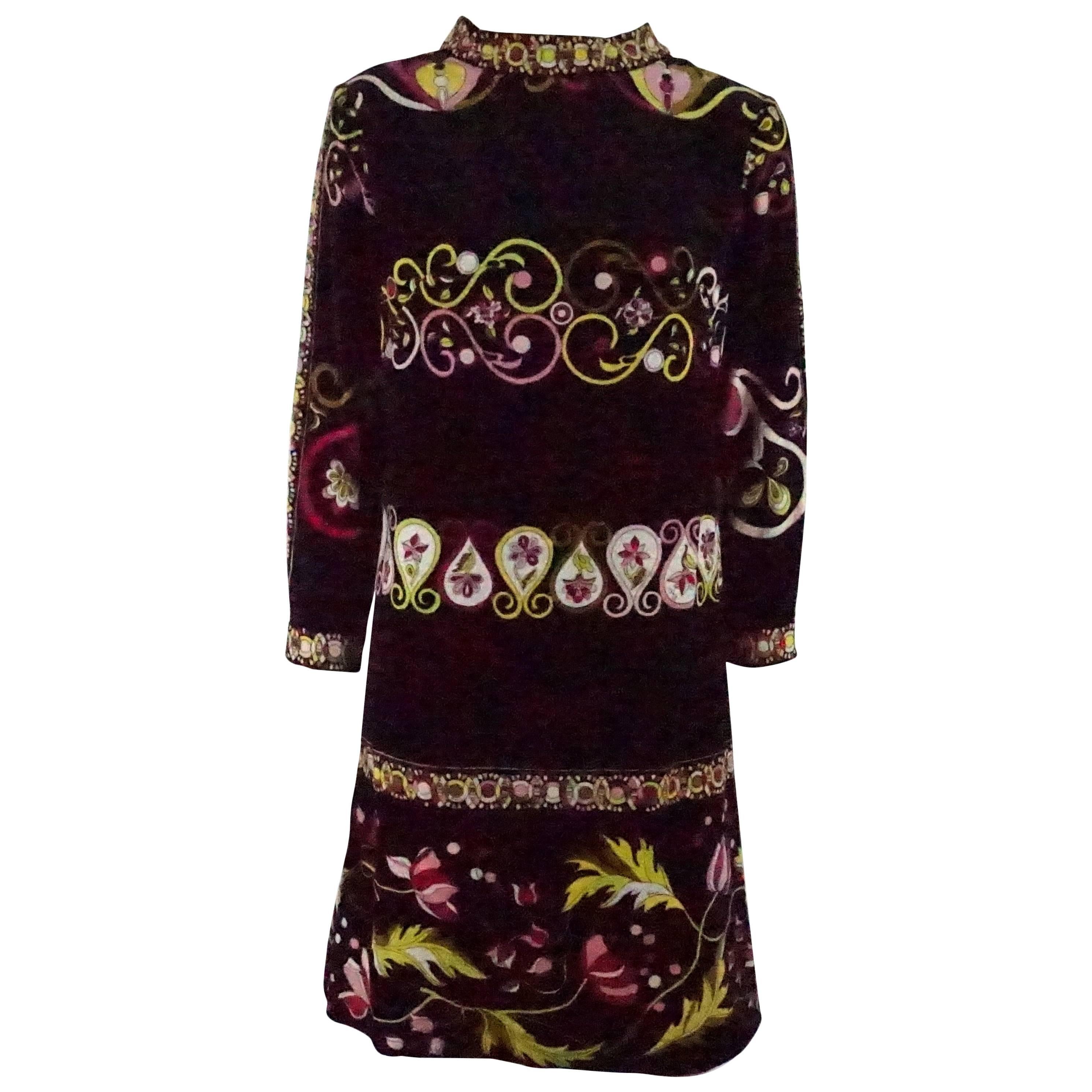 Emilio Pucci Black 
Multi Velvet shift dress w/ bracelet sleeve-12 - Circa 60
s