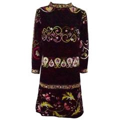 Emilio Pucci Black & Multi Velvet shift dress w/ bracelet sleeve-12 - Circa 60's 8