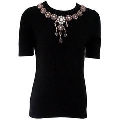 Oscar de la Renta Black Cashmere / Silk Short Sleeve Top with Beaded Collar - S