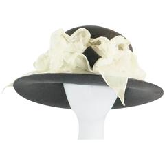 Suzanne Couture Millinery Black French Straw Hat w/ Ivory Silk Ruched Ribbon