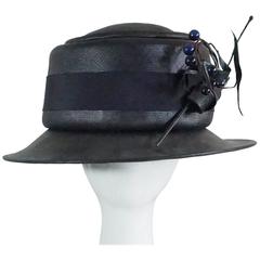 Suzanne Couture Millinery Black & Navy French Straw Hat w/ Ribbon & Bead detail 8