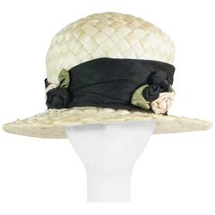 Suzanne Couture Cream Swiss Braided Straw Woven Hat w/ Black Silk frabric 11
