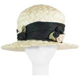 Suzanne Couture Cream Swiss Braided Straw Woven Hat w/ Black Silk frabric