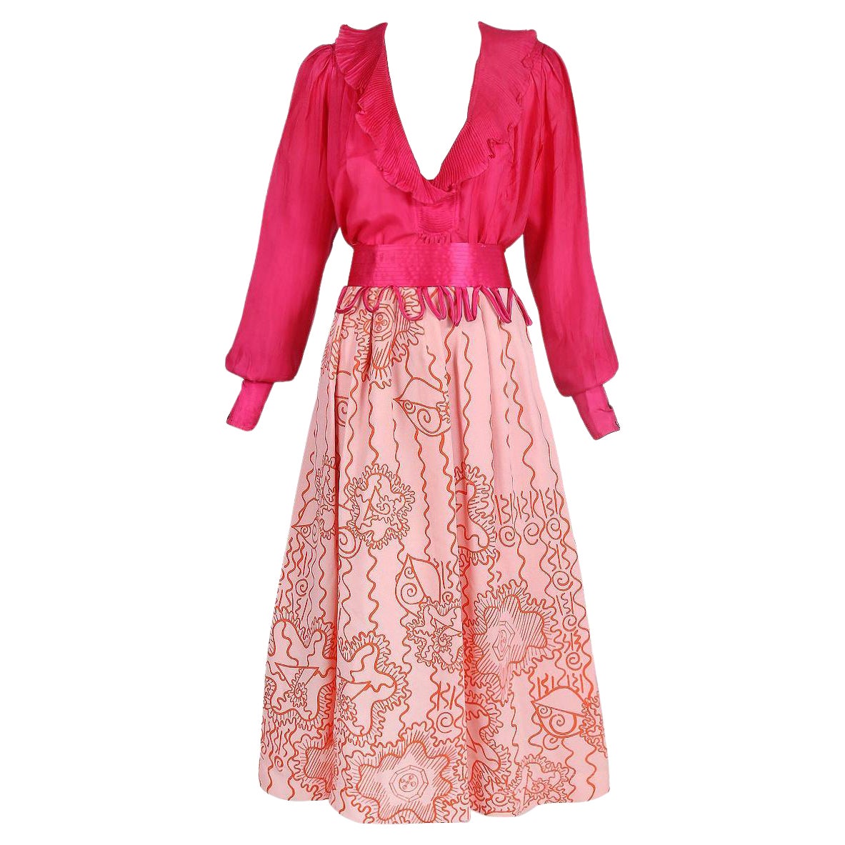 Vintage Zandra Rhodes Fuchsia Blouse & Printed Skirt Ensemble For Sale