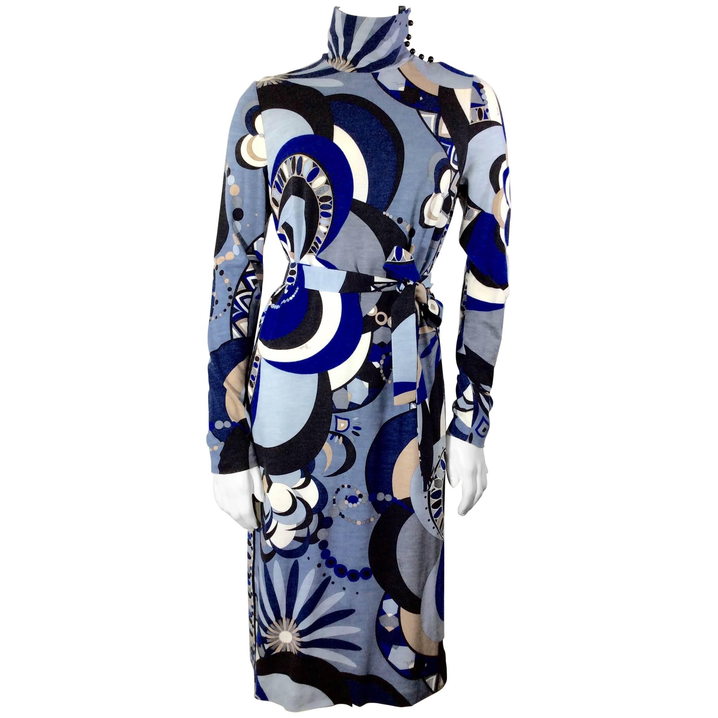 Emilio Pucci Vintage Blue Print High Neck Dress