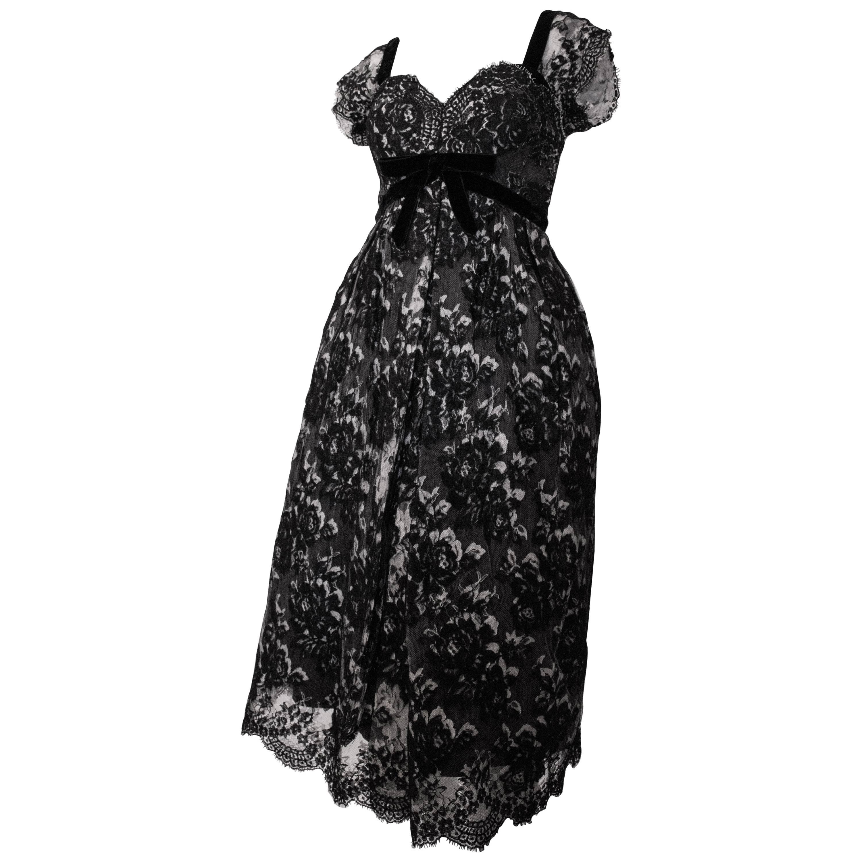 50s Black & White Lace Cocktail Dress  For Sale