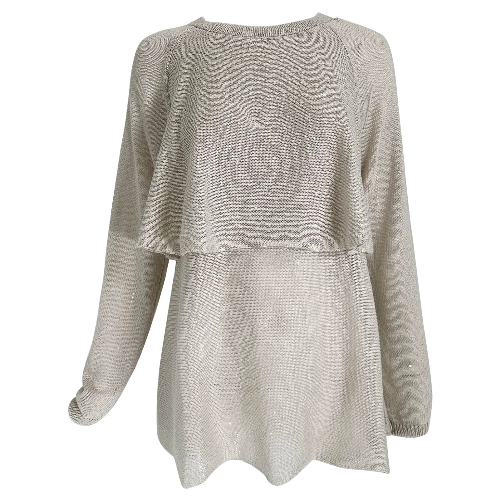Brunello Cucinelli Ecru Linen & Silk Sequin Applique Layered Knit Tunic Sweater  For Sale