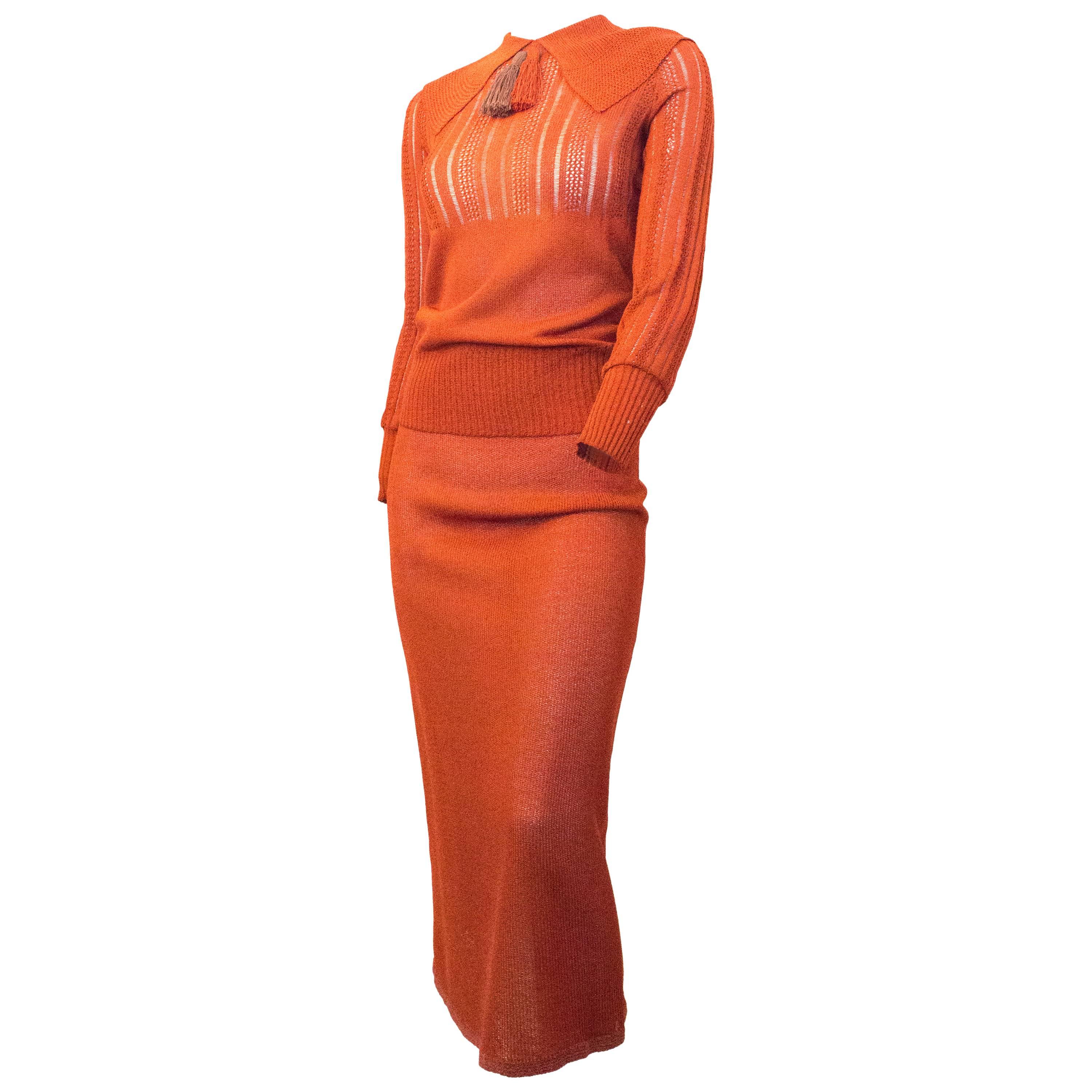 30s Orange Knit Midi Skirt Suit with Collar & Tassel 