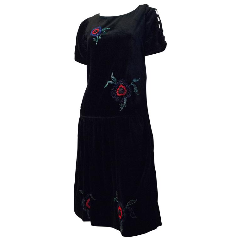 20s Black Velvet Drop Waist Dress with Floral Beadwork For Sale at