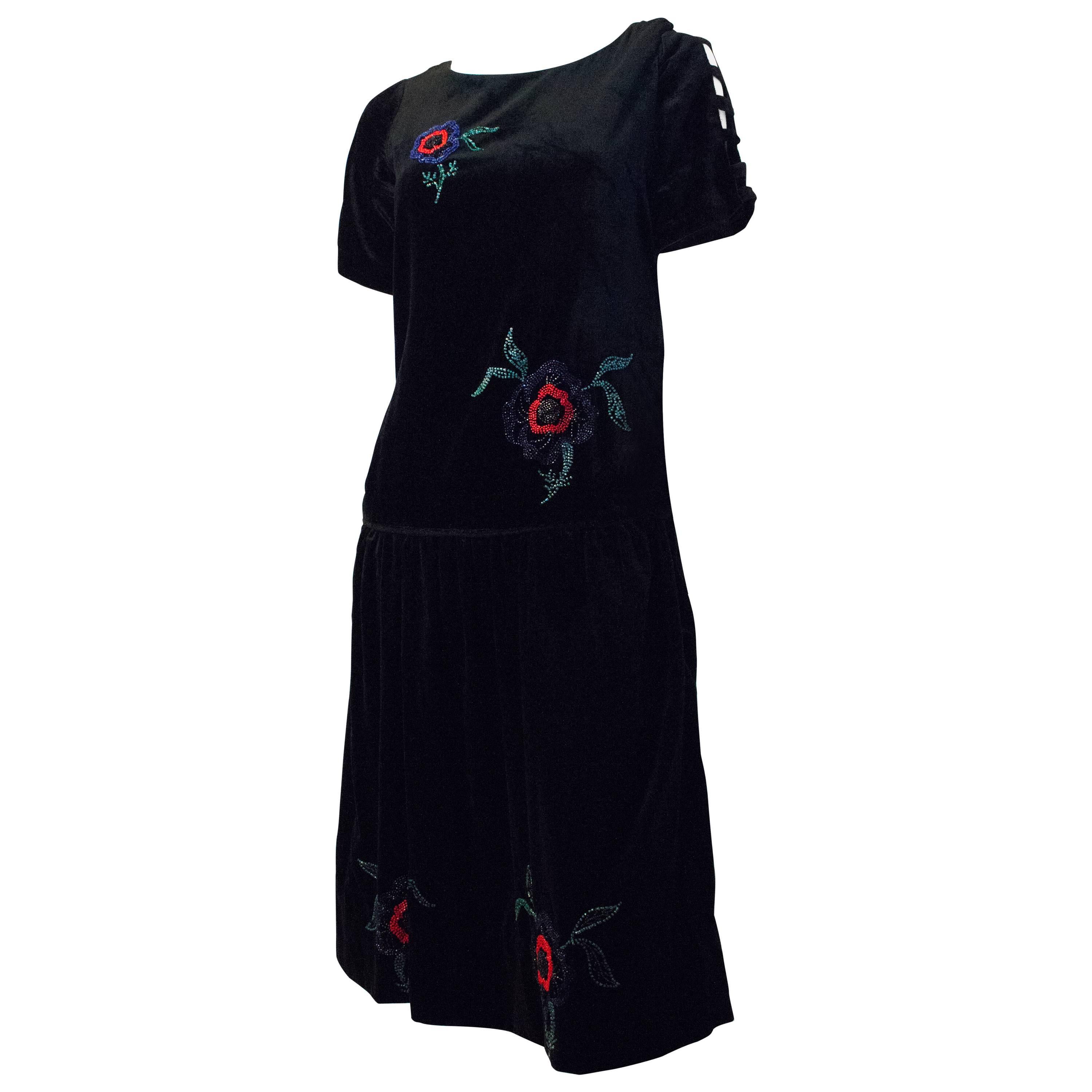 20s Black Velvet Drop Waist Dress with Floral Beadwork  For Sale