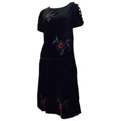 20s Black Velvet Drop Waist Dress with Floral Beadwork 