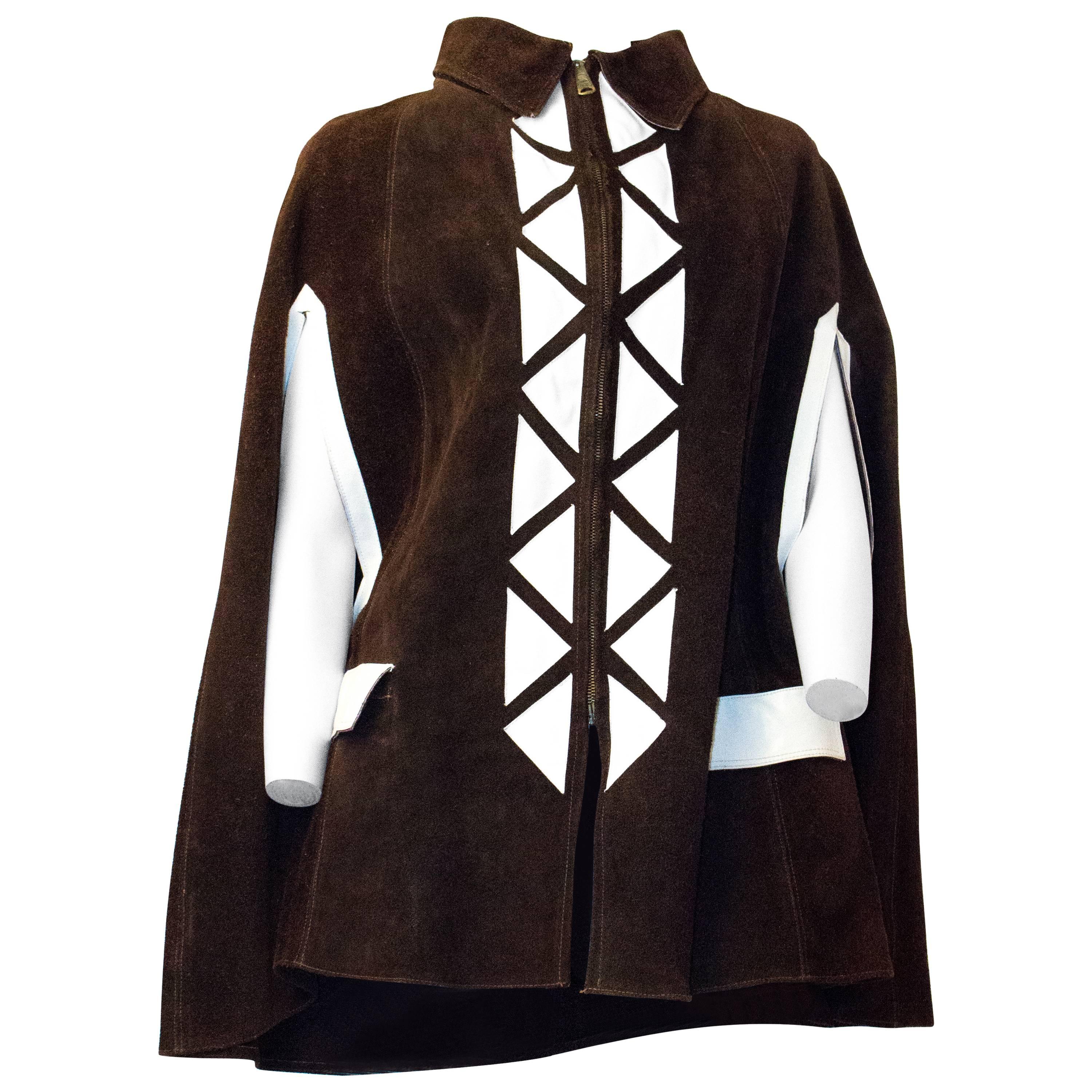 70s Chocolate Brown Suede Cape with White Piece Work For Sale