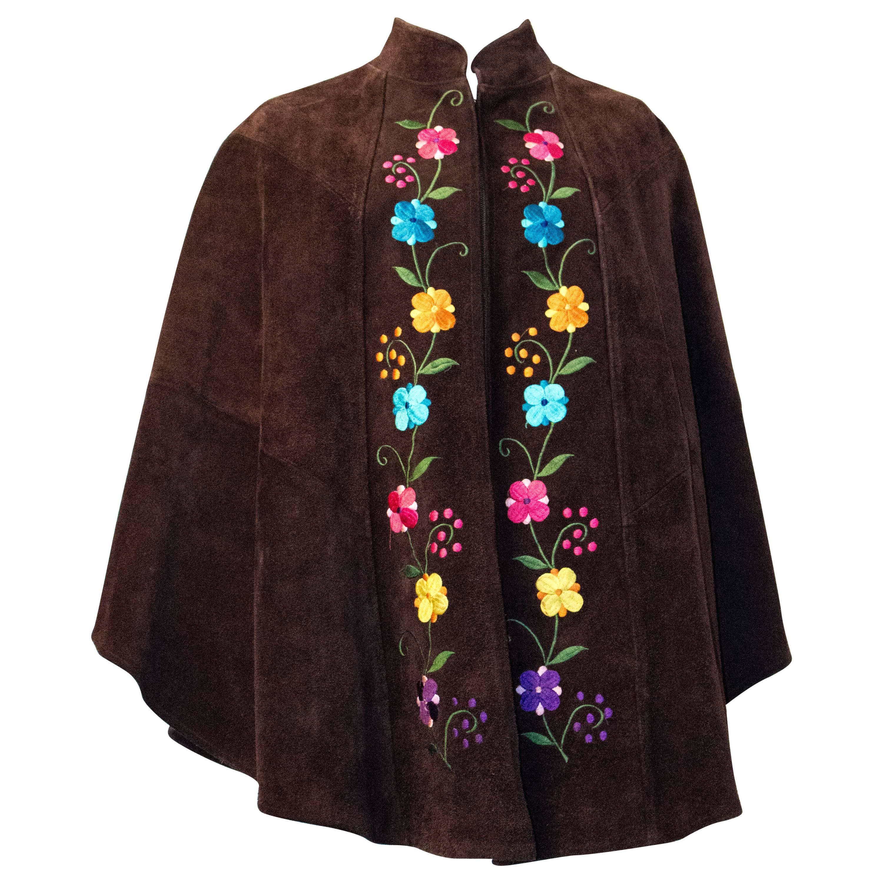 70s Suede Cape with Embroidered Flowers 