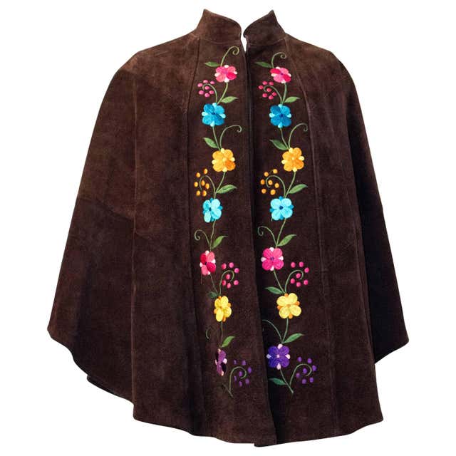 70s Chocolate Brown Suede Cape with White Piece Work For Sale at ...