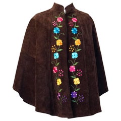 70s Suede Cape with Embroidered Flowers 