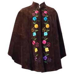 70s Suede Cape with Embroidered Flowers 9