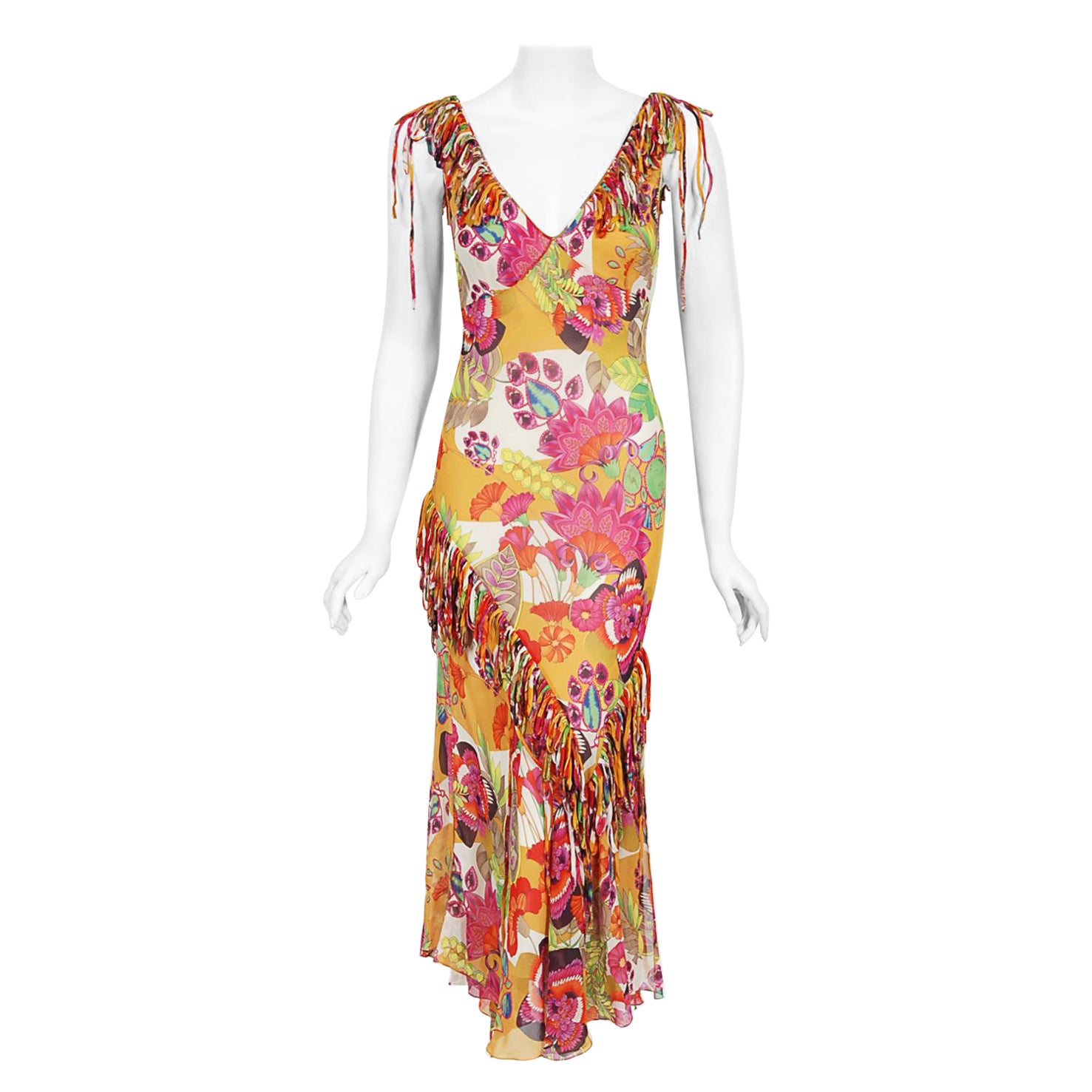Vintage 2005 Christian Dior by John Galliano Colorful Floral Silk Bias-Cut Dress